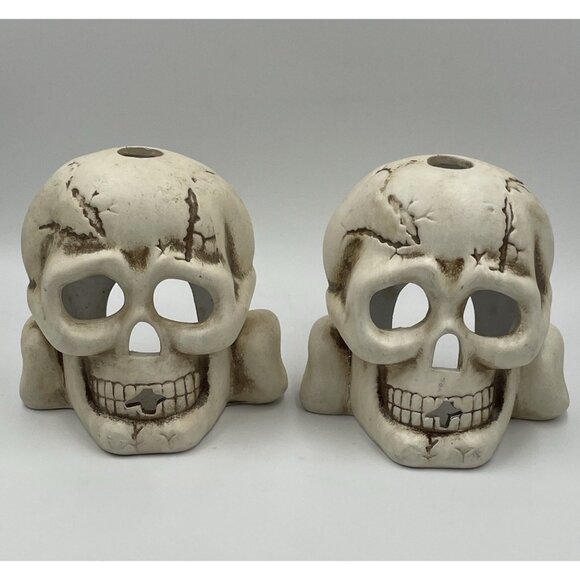 Decor Other - Vintage Halloween Decor Ceramic Set 2 Skull Candle Holders
